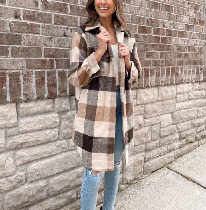Loose-fitting Women's Plaid Wool Coat Mid-length