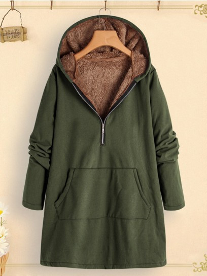 Mid-length Hooded Solid Color Fleece Overcoat Coat