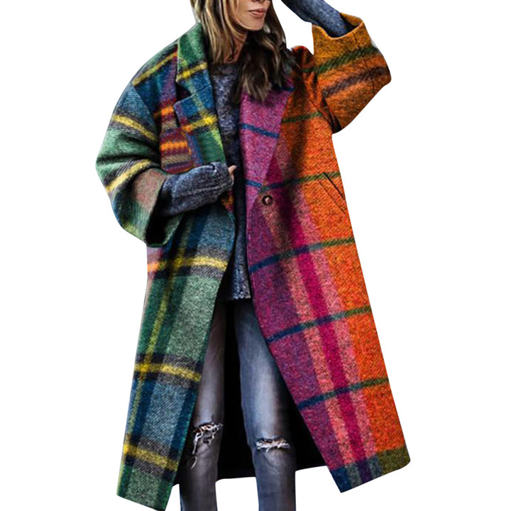 Women's Color Matching Plaid Turn-down Collar Coat Printed Woolen Three-quarter