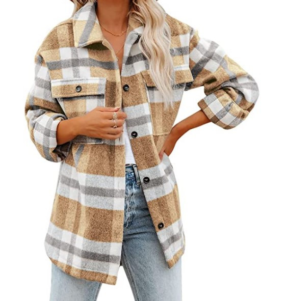 Long Sleeve Loose Plaid Shirt Woolen Coat For Women