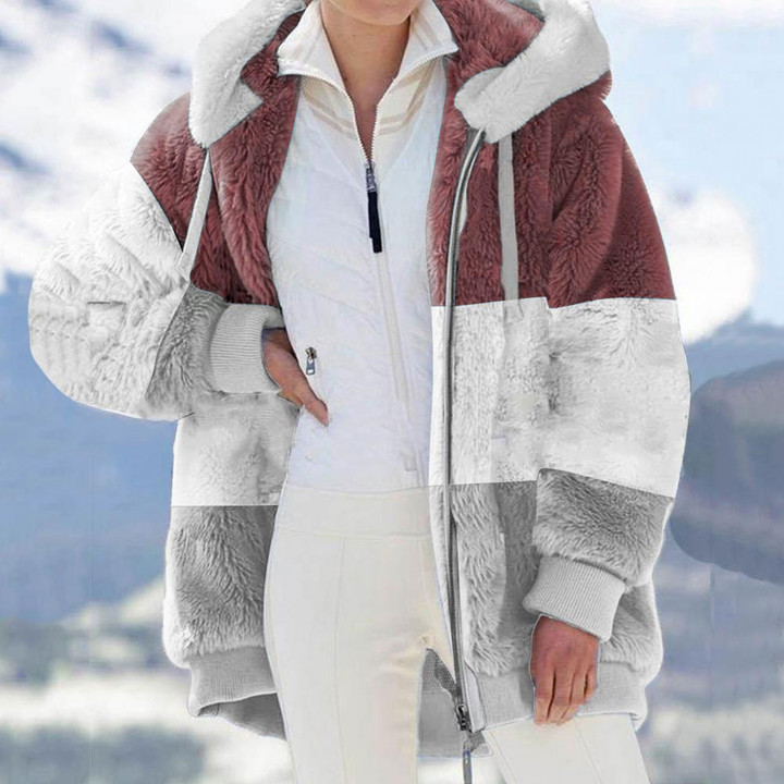 Warm Plush Patchwork Zipper Pocket Hooded Loose Coat Women