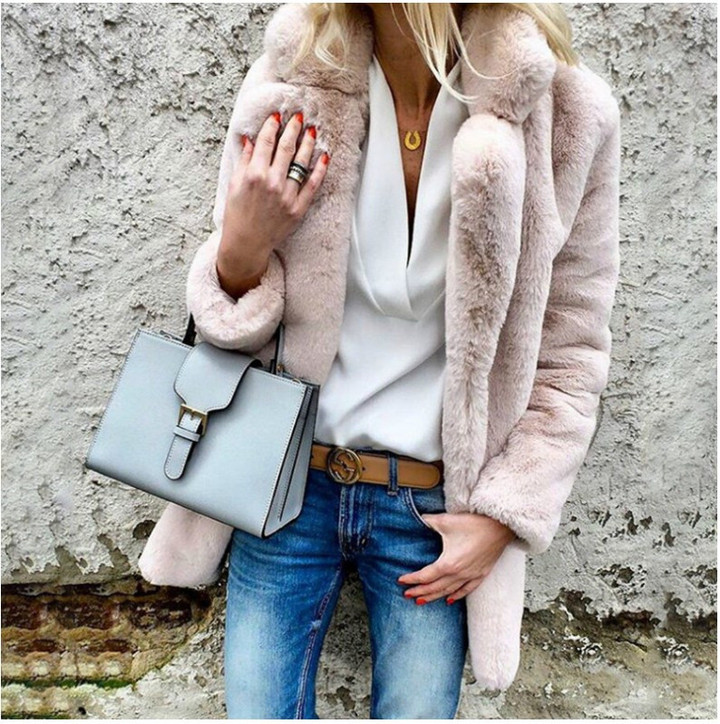 Fashion Solid Color Stand Collar Long Sleeve Coat Plush For Women