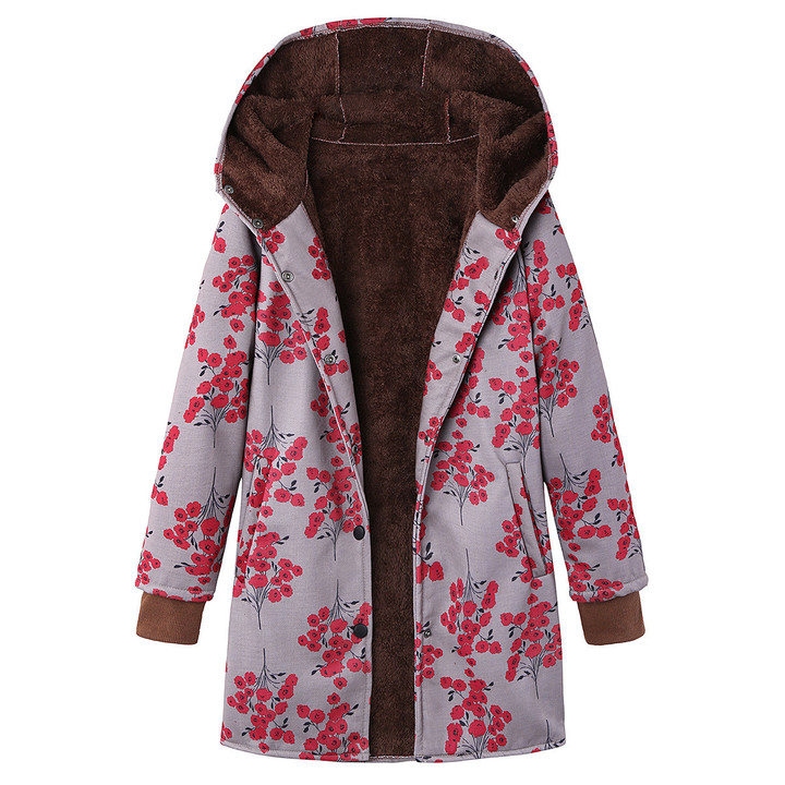 Vintage Floral Print Long Sleeves Hooded Thickened Plush Cotton-padded Coat Plus Size