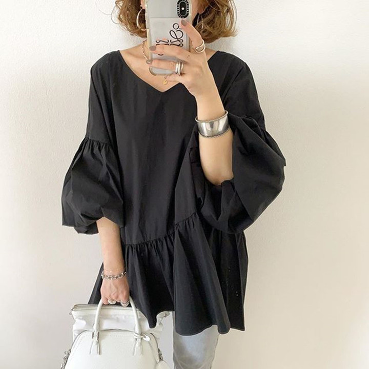 Summer Shirt Women Solid Color Lantern Sleeve Pullover Blouses