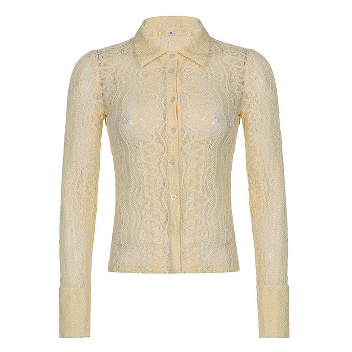Autumn Sexy See-through Hollow Top All-matching Slim Fit Lace Shirt Polo Collar Blouses