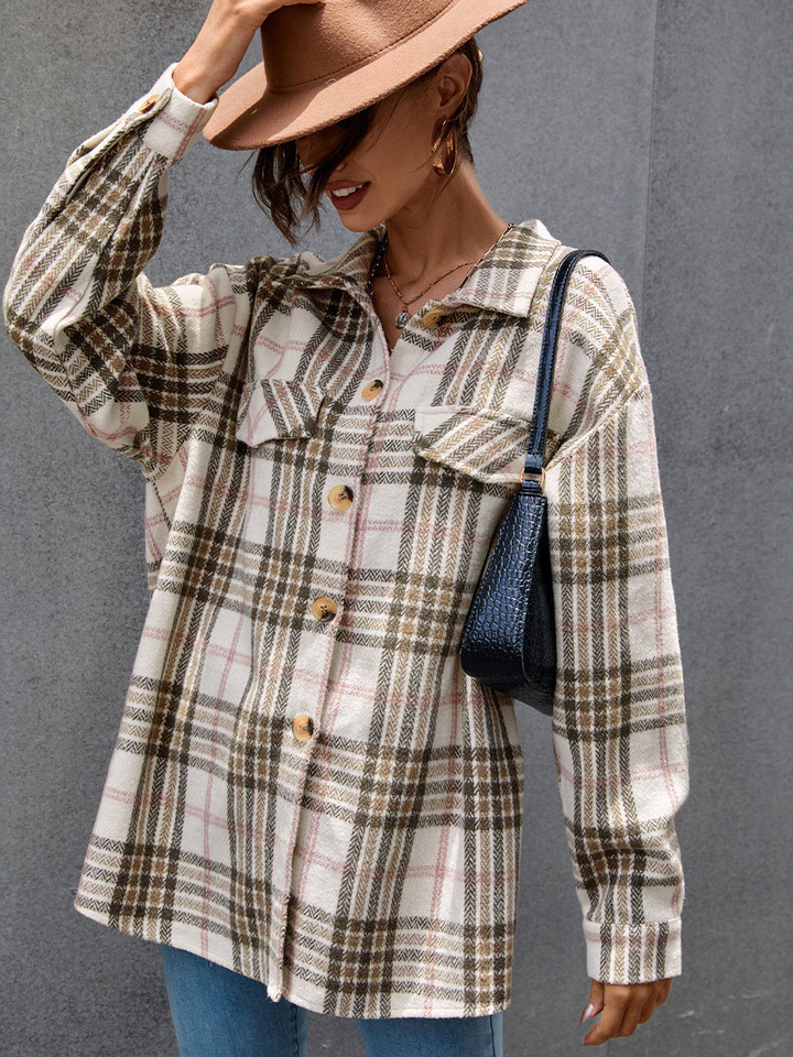 Plaid Shirt Cardigan Single-breasted Long Sleeve Cotton Polo Collar Blouses