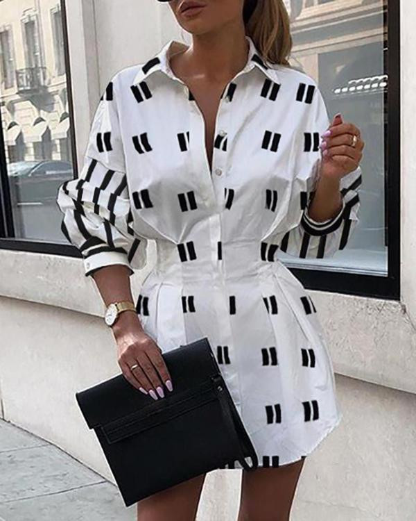 Long Sleeve Lapel Commute Leisure Professional Pleated Waist Tight Printed Series Shirt Dress Blouses