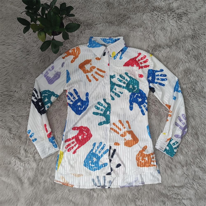 Digital Printing Colorful Handprint Shirt Lapel Long Sleeve Top Blouses