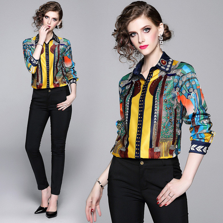 Women's Printed Slim-fit Long-sleeved All-matching Lapel Shirt Blouses