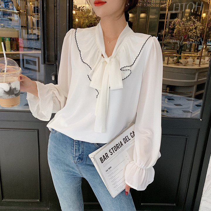 Elegant Loose Shirt Women's Black And White Stand Collar Ruffle Lace-up Pullover Top Blouses