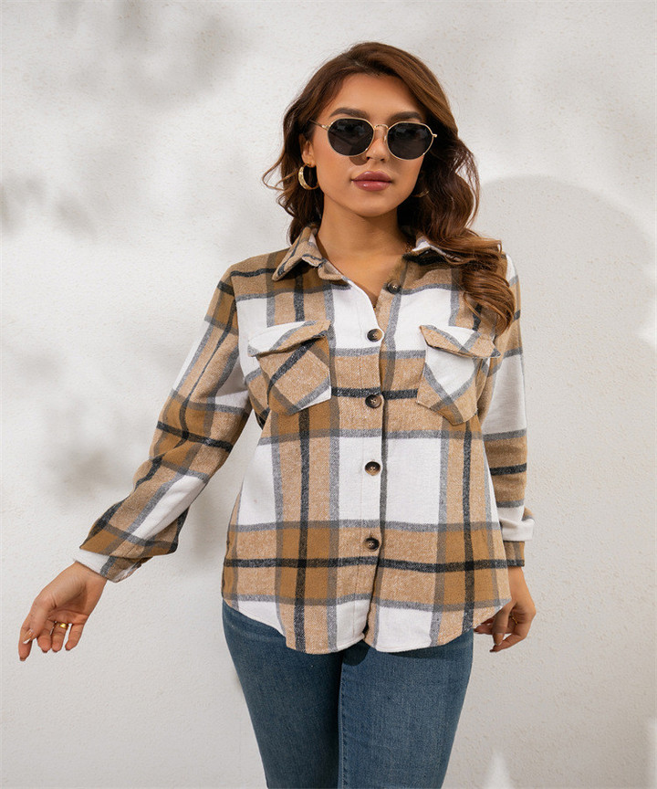 Long-sleeved Thickened Cashmere Plaid Top Loose Casual Shirt Coat For Women Blouses