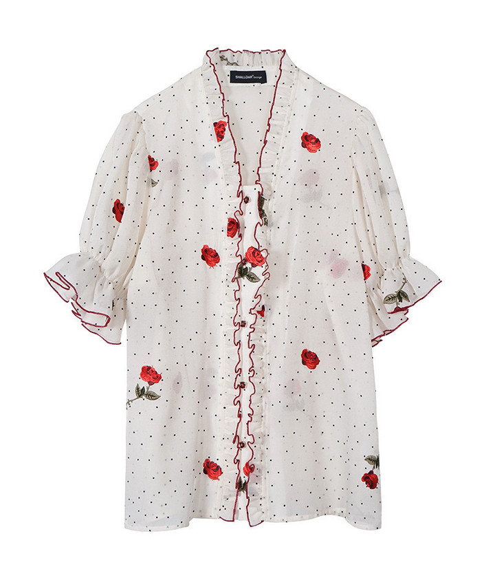 Summer Rose Flower Print Ruffled Loose Short Sleeve V-neck Shirt Blouses