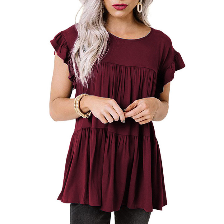 Shirt Women Pure Color Ruffles Pleated Pullover Blouses