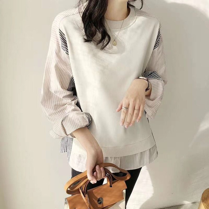 Women's Clothing Korean Style Shirt Female Anti-aging Long Sleeves Striped Plus Size Fake Two Pieces Top T-shirt Blouses
