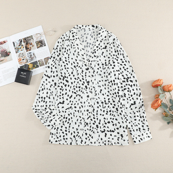 Women's Autumn Leopard Print Ice Silk Lapel Casual Long-sleeved Shirt Blouses