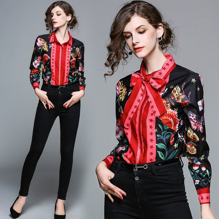 Shirt Spring Women's Clothing Printed Slim-fit Long-sleeved All-matching Lapel Blouses