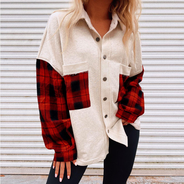 Autumn Houndstooth Contrast Color Check Long Sleeve Shirt Coat Women's Clothing Blouses