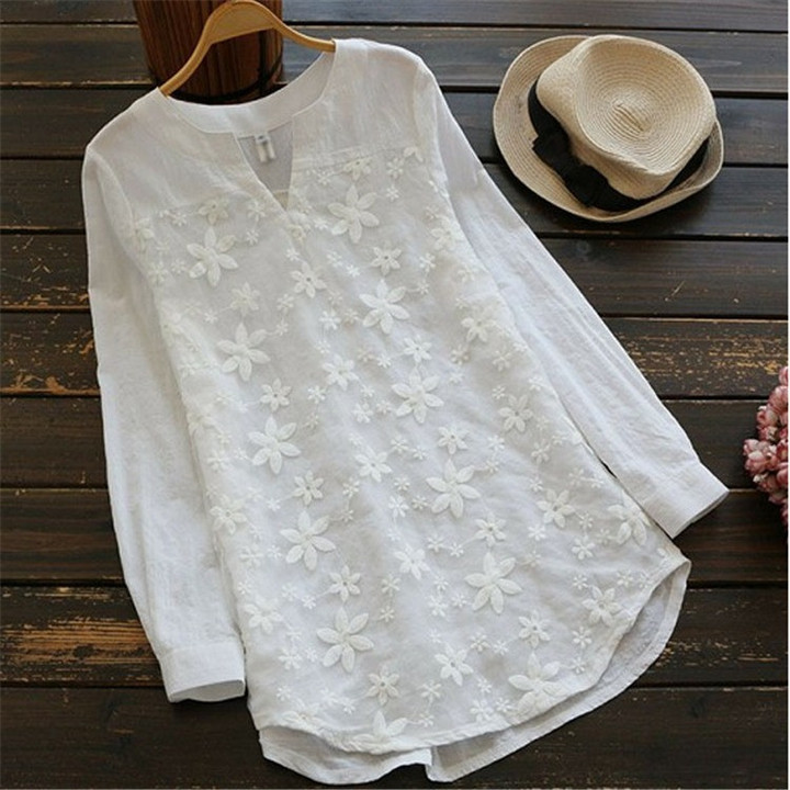 Women's Lace Embroidered Long-sleeved Shirt Loose Plus Size Top T-shirt Women Blouses