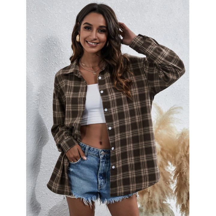 Plaid Cardigan Single Breasted Cotton Brown Lace Long Sleeve Lapel Street Hipster Shirt Women Blouses