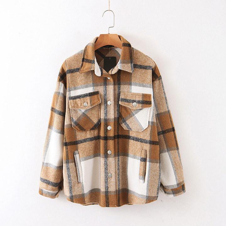 Spring Women's Clothing Lapel Loose Long Sleeve Breasted Chest Pocket Plaid Shirt Casual Style Coat For Women Blouses