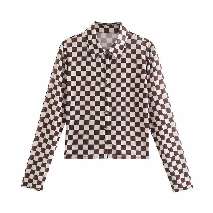 Women's Autumn Top Retro Lapels Slim Chessboard Plaid Lapel Long Sleeve Shirt Trendy Blouses