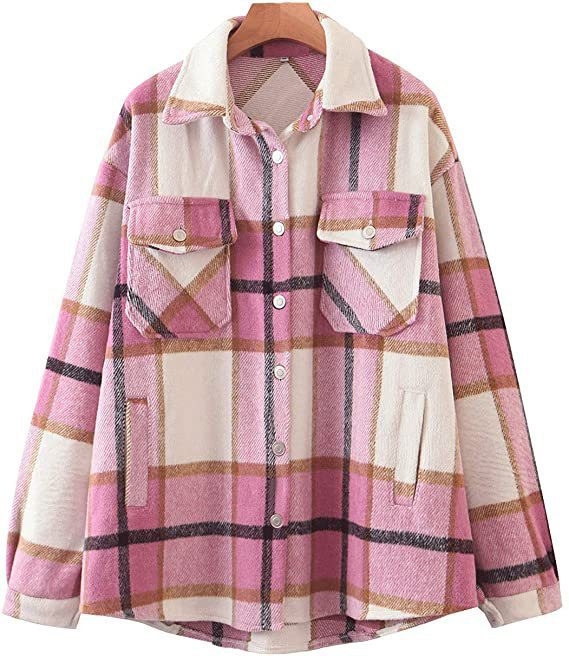 Women's Lapel Long-sleeved Cardigan Breasted Chest Pocket Loose Plaid Shirt Coat Women Blouses