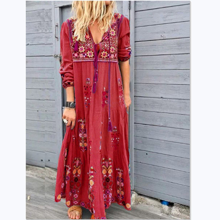 Autumn Bohemian Flower Positioning Patchwork Long Dress Lace-up Sleeve