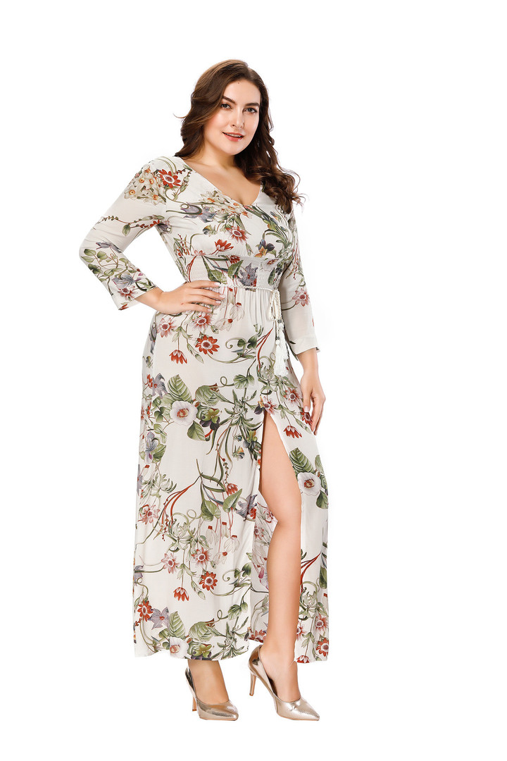 Plus Size Printed Dress For Woman Bohemian V-neck 3/4 Sleeves Maxi