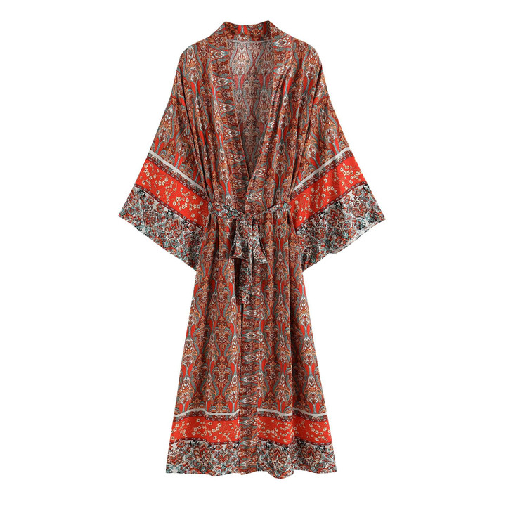 Ethnic Printed Rayon Cardigan Kimono Robe Bohemian Batwing Sleeve Dress