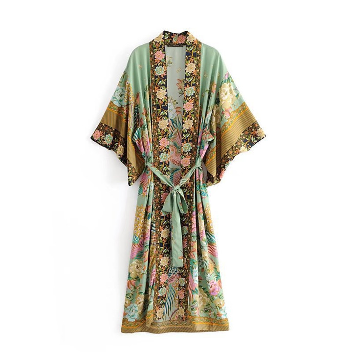 Women's Bohemian Printed Crane Kimono Dress Robe
