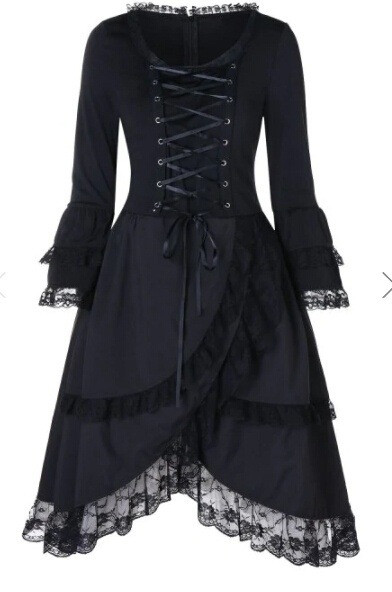Women's Vintage Long Sleeve Lace Ruffles Layered Mid-length Dress
