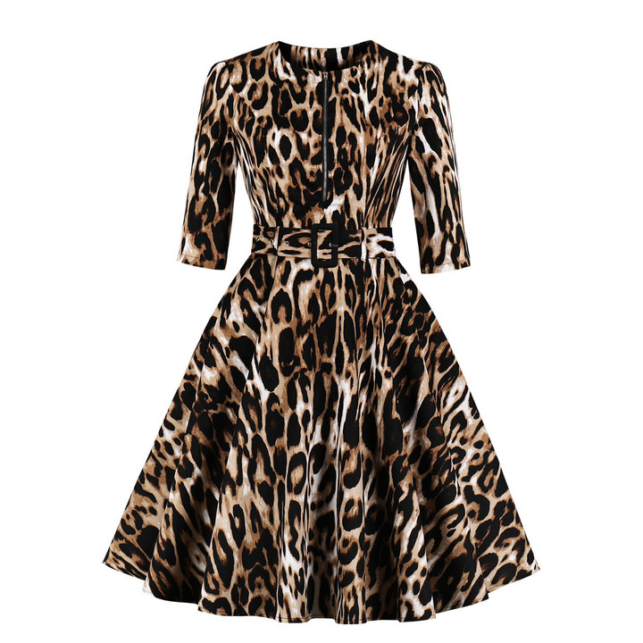 Spring Leopard Print Elegant Women's Dress Belted