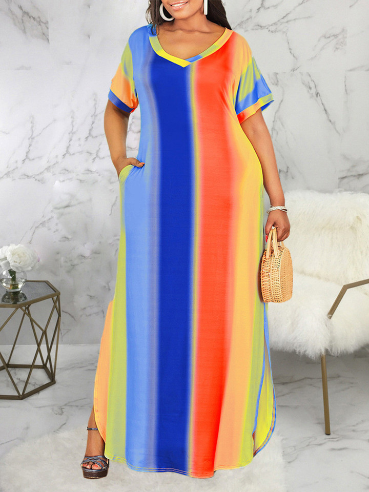 Independent Summer Color Stripes Positioning Printed Short Sleeve Plus Size Dress