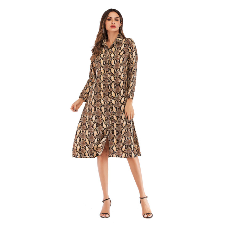 Autumn Loose Mid-length Long Sleeve Leopard Print Lapel Tied Shirt Dress