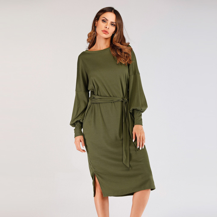 Women's Round Neck Solid Color Lace-up Long Sleeve Dress