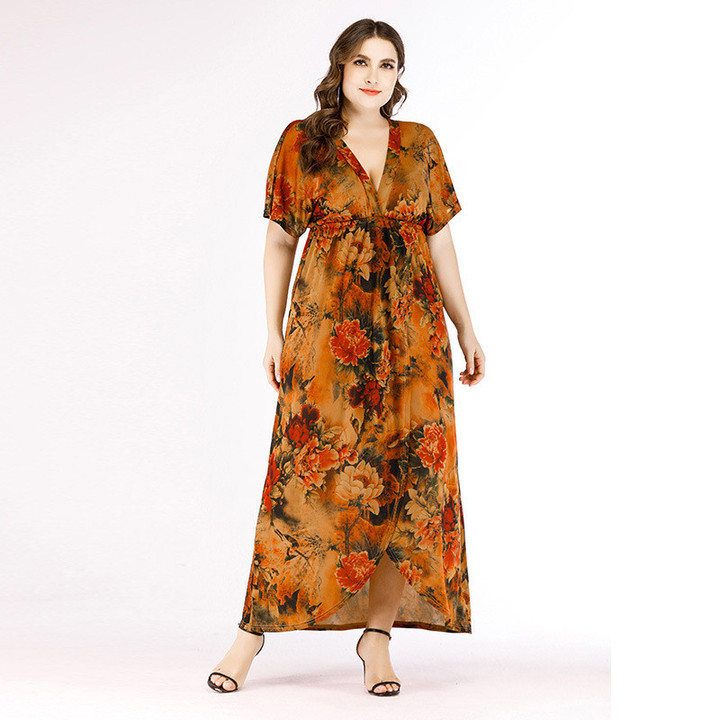 Large Size Summer Women's Dress Front Slit Sleeve Retro Style Printed
