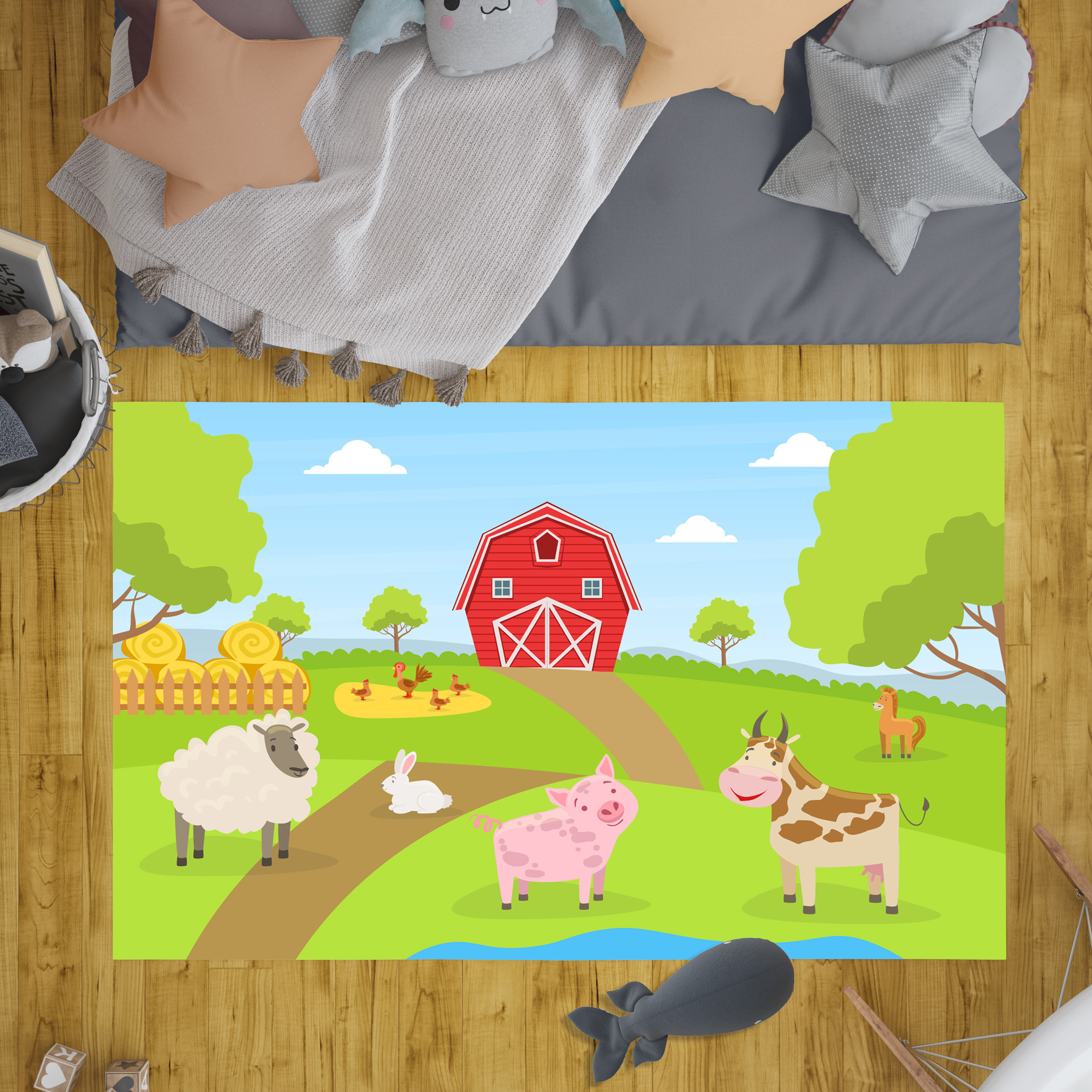 Beautiful Summer Rural Landscape With Green Field Red Barn Farm Animals Cow Pig Sheep Rabbit Farm Rug Carpet For Kids Room