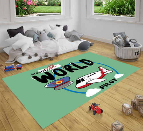 Around The World With Aeroplane Funny Cartoon Cute Kids Play Area Rug Carpet Nursery Playroom Rugs Kids Room Decor