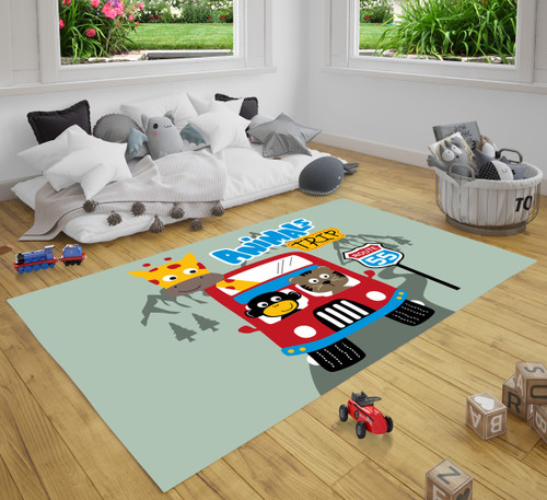 Animal Bus On The Road Funny Cartoon Cute Kids Play Area Rug Carpet Nursery Playroom Rugs Kids Room Decor