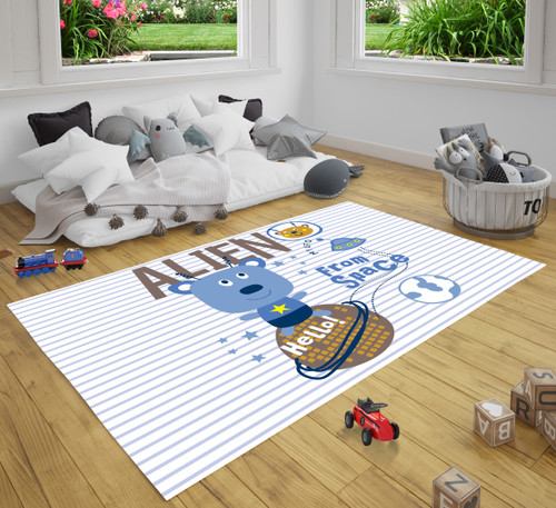 Alien And Little Ufo Funny Animal Cartoon Cute Kids Play Area Rug Carpet Nursery Playroom Rugs Kids Room Decor