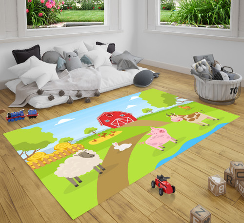 Beautiful Summer Rural Landscape With Green Field Red Barn Farm Animals Cow Pig Sheep Rabbit Farm Rug Carpet For Kids Room