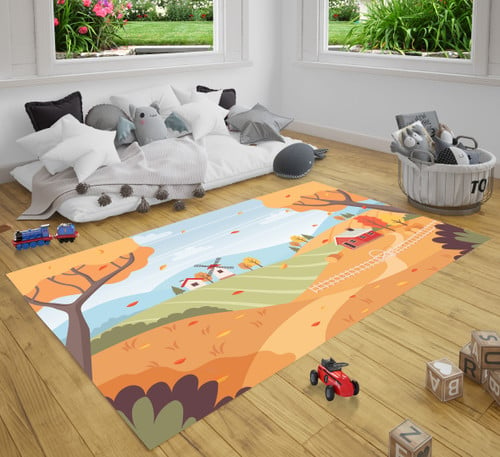 Autumn Landscape With Trees Fields Houses And Windmill Countryside Landscape Farm Rug Carpet For Nursery Baby Kids Little Girl Boy Room