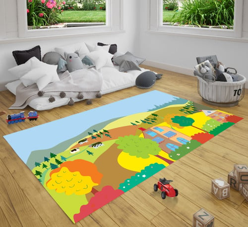 Autumn Countryside Landscape With Trees Houses Cows And Hills Farm Rug Carpet For Nursery Baby Kids Little Girl Boy Room
