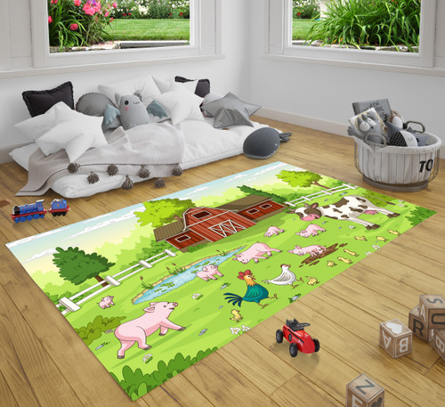 Cartoon Animals On A Farm Summer Landscape With Red House And Fence Farm Rug Carpet For Nursery Baby Kids Little Girl Boy Room