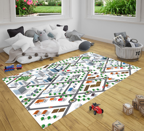 3D City Map With Buildings Trees Roads Cars Play City Road Map Area Rug Carpet For Toy Cars For Kids Room