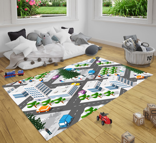 3D Christmas Winter City Holiday Play City Road Map Area Rug Carpet For Toy Cars For Kids Room