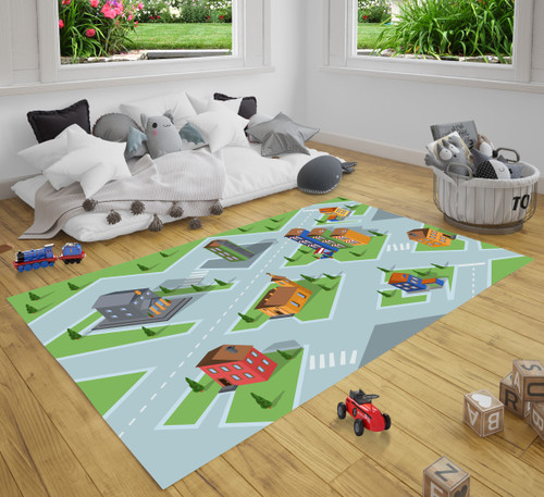 3D Buildings Play City Road Map Area Rug Carpet For Toy Cars For Kids Room