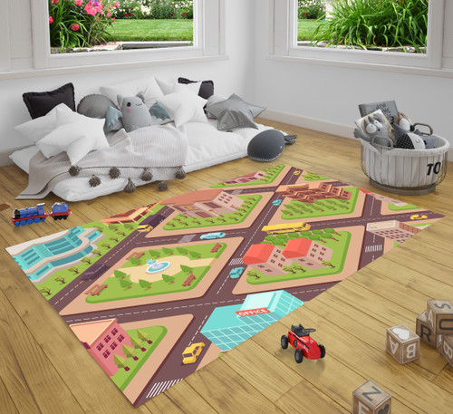 3D City Isometric Composition With Landscape View Of Town Blocks With Squares Trees Buildings Play City Road Map Area Rug Carpet For Toy Cars