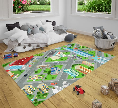3D City With Roads And Crossroads Play City Road Map Area Rug Carpet For Toy Cars For Kids Room