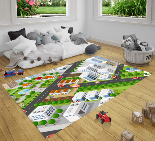 3D City With Buildings Cars Roads Play City Road Map Area Rug Carpet For Toy Cars For Kids Room